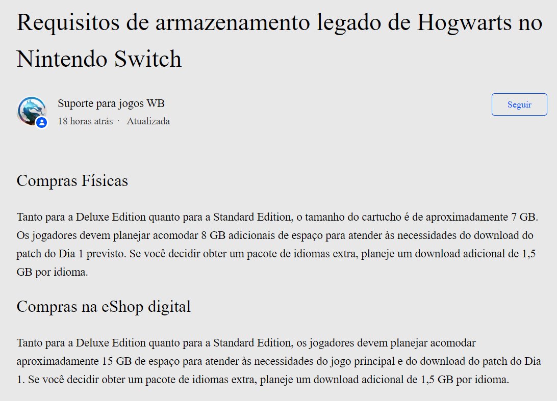 Daniel #OfertasNintendo Reenlsober 👾 on X: Solucionado os mistérios  quanto ao tamanho de Hogwarts Legacy no Switch: o jogo base terá 7 GB no  cartucho + 8 GB para o patch de