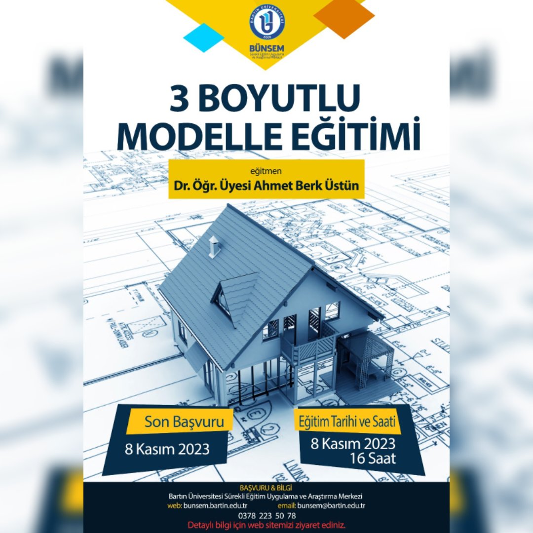 3D Modelleme iş akışınının ve 3D Modellemenin temel mantığının kavranabileceği, 3 boyutlu tasarımlar ile ilgili önbilgiye sahip olabileceğiniz 3 Boyutlu Modelleme Eğitimine başvurular başlamıştır. Ayrıntılı bilgi ve iletişim için:
 bunsem.bartin.edu.tr