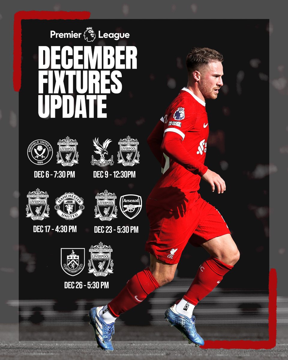 LFC's tweet image. Our updated @premierleague fixtures for December and January 🗓️