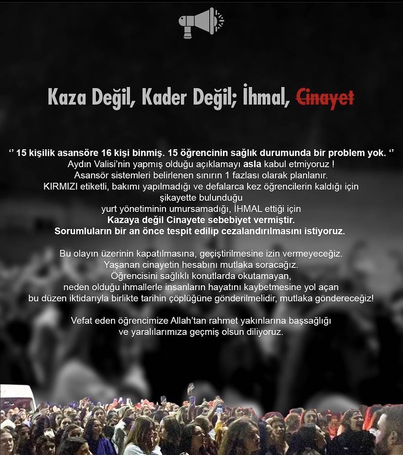 MenderesChp's tweet photo. Bir savcı düşünün, “Ölen kardeşiniz miydi” diyen..
Bir vali düşünün, “15 kişilik asansöre 16 kişi binmişler” diyen..
Bir güvenlik görevlisi düşünün, can güvenlikleri tehlikede olduğu için asansörün yapılmasını isteyen öğrencilere “Yürüyerek çıkın” diyen… https://t.co/4qAv6rsGSd