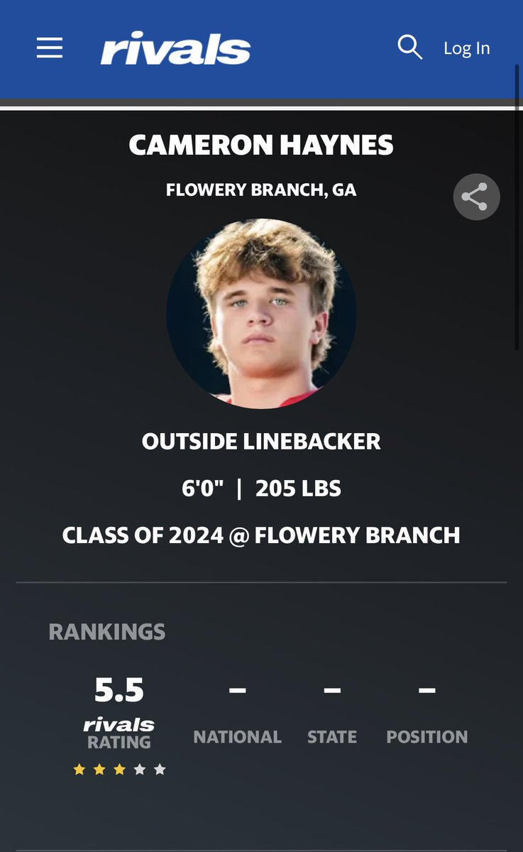Thankful and blessed to be ranked a 3⭐️ by <a href="/Rivals/">Rivals</a>. @Footballbranch
<a href="/jntester/">Jason Tester</a> @coachjrickman <a href="/gtimessports/">The Times Sports</a> <a href="/Deep_Fried_Dave/">David Friedlander</a> @recruitNE_GA <a href="/RecruitGeorgia/">Recruit Georgia</a> <a href="/jwindon35/">Joe Windon</a> <a href="/BVEvery/">Barry Every</a> <a href="/FootballHotbed/">Football Hotbed</a> <a href="/JohnGarcia_Jr/">John Garcia, Jr.</a>