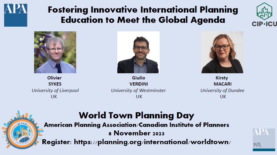 Bruce STIFTEL (@brucestiftel) on Twitter photo FOSTERING INNOVATIVE INTERNATIONAL PLANNING EDUCATION TO MEET THE GLOBAL AGENGA <a href="/APA_Planning/">American Planning Association</a> <a href="/CIP_ICU/">CIP-ICU</a> World Town Planning Day, virtual 8 Nov 12h30-13h30 (EST; UTC-5).
AICP CM approved/CIP CPL eligible.
Register free: planning.org/international/…
<a href="/IntlPlanning/">APA International Division</a> <a href="/The_ACSP/">The ACSP</a> <a href="/aesopYA/">AESOP Young Academics</a> FOSTERING INNOVATIVE INTERNATIONAL PLANNING EDUCATION TO MEET THE GLOBAL AGENGA <a href="/APA_Planning/">American Planning Association</a> <a href="/CIP_ICU/">CIP-ICU</a> World Town Planning Day, virtual 8 Nov 12h30-13h30 (EST; UTC-5).
AICP CM approved/CIP CPL eligible.
Register free: planning.org/international/…
<a href="/IntlPlanning/">APA International Division</a> <a href="/The_ACSP/">The ACSP</a> <a href="/aesopYA/">AESOP Young Academics</a>
