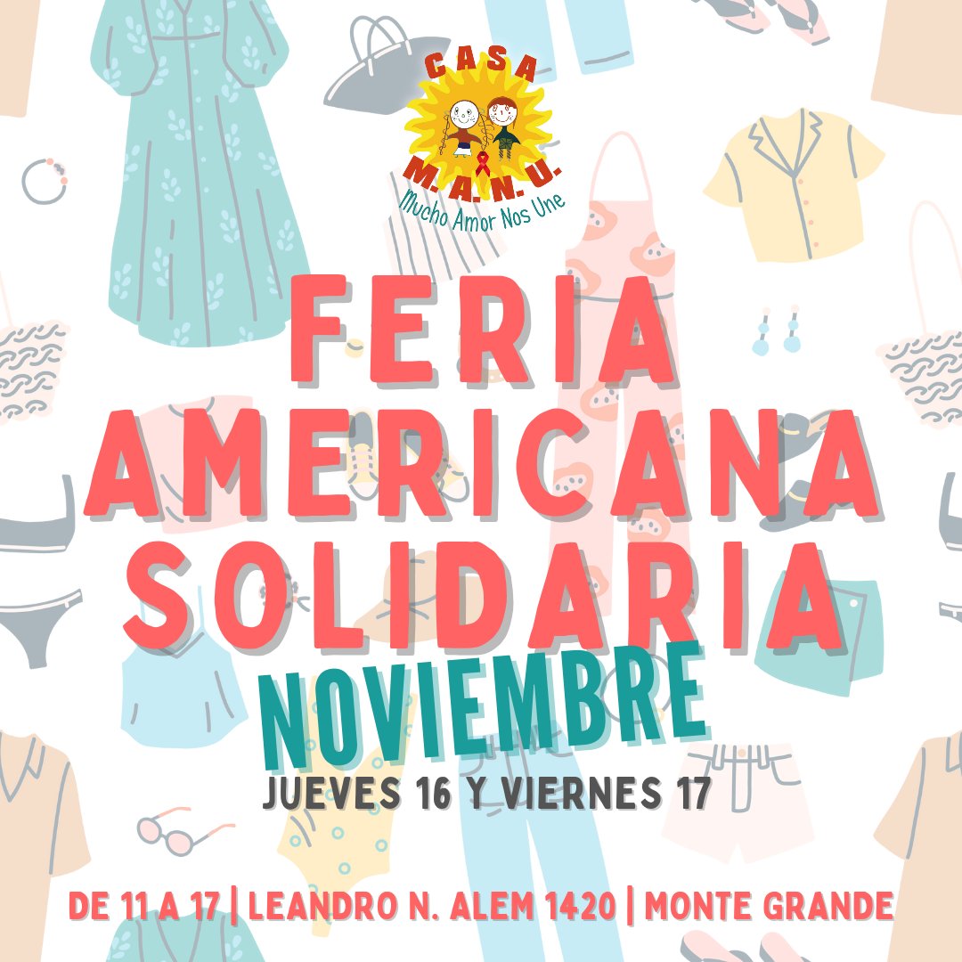 ¡Llega la Feria Americana Solidaria de noviembre!

Jueves 15 y viernes 16 te esperamos en Leandro N. Alem 1420, Monte Grande, ¡para que compres de todo a precios bajísimos!

📆 Jueves 15 y viernes 16
⏰ De 11 a 17
📍Leandro N. Alem 1420, Monte Grande.