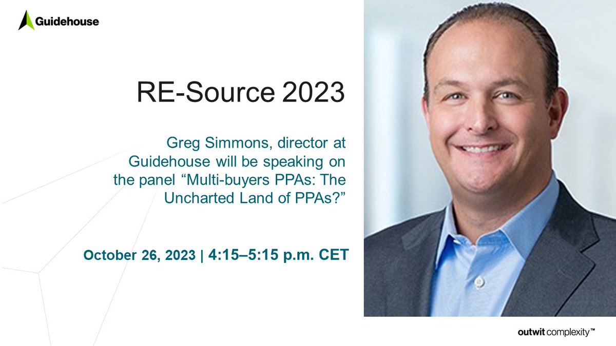 GuidehouseCEI's tweet photo. #RESource2023 is underway!
#GuidehouseExpert Greg Simmons will join industry leaders at the event to share his expertise on corporate renewable energy sourcing, how it works exactly, whether it lowers the risk of signing a PPA, and more.
Learn more: https://t.co/hZZi0gZDPs https://t.co/GBkxZLrEuV