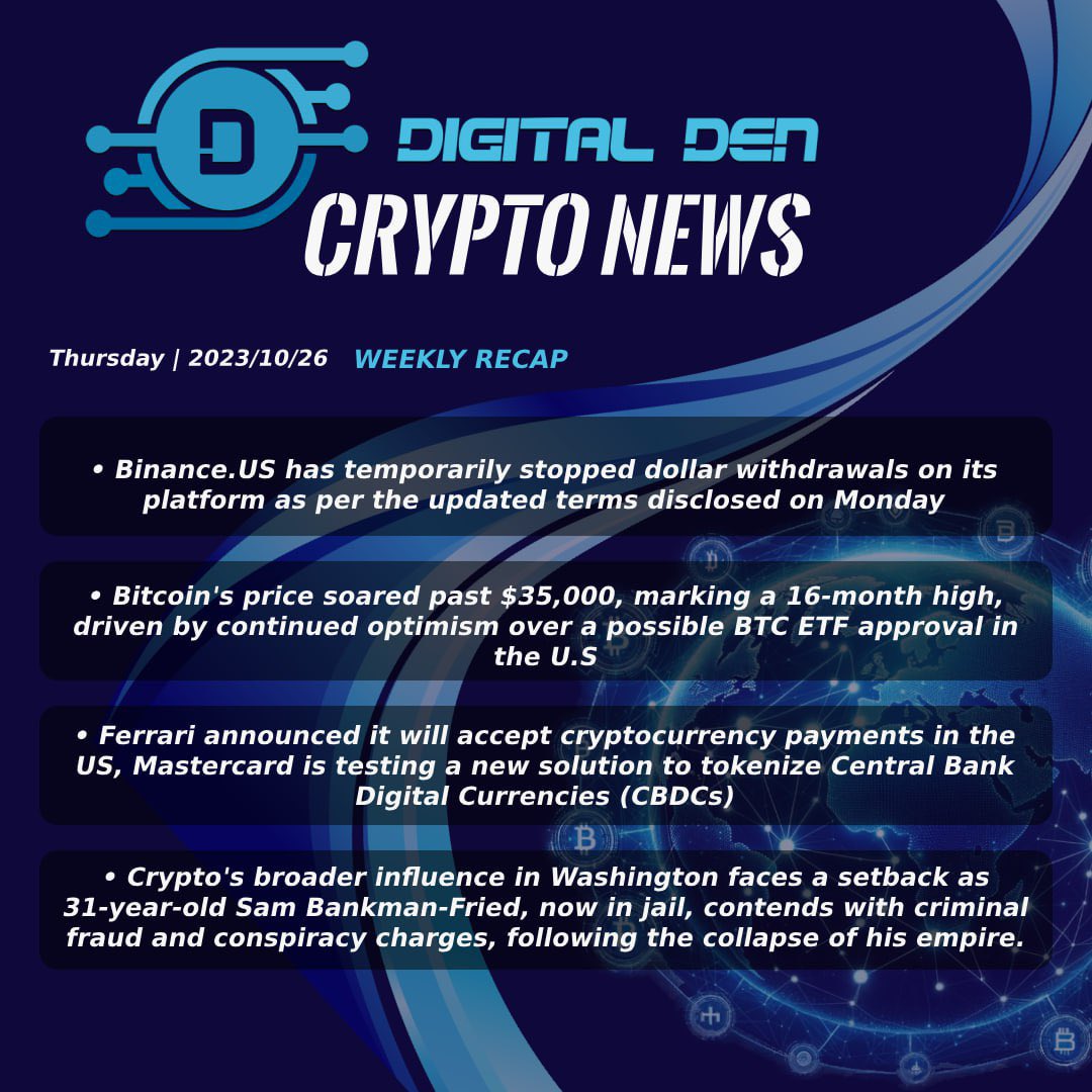 Digital_Den_'s tweet photo. 📢 Crypto News Weekly Recap:

•https://t.co/XmB8a0lKRW pauses $ withdrawals 🚫💵
•Bitcoin hits 16-month high of $35k 📈🎉
•Ferrari embraces crypto payments🚗💳
•Sam Bankman-Fried faces legal challenges, impacting crypto’s standing in Washington 🏛️🔒

#cryptonews https://t.co/pcXMqvKa4g