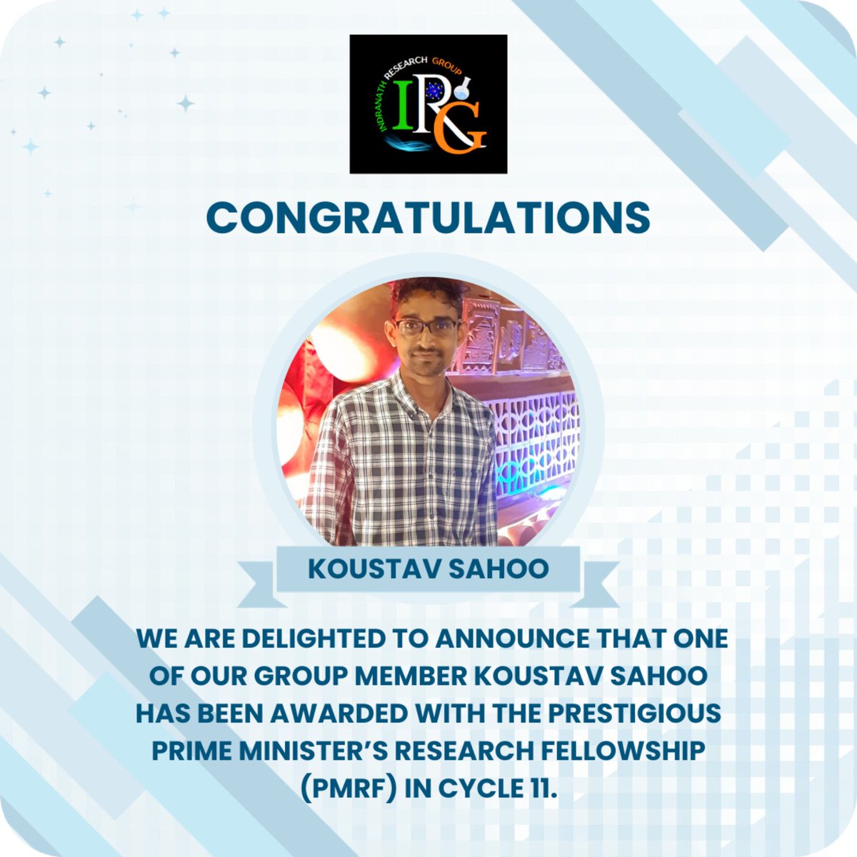 IRG_iitkgp's tweet photo. Heartiest congratulations @Sahookoustav34 for the fellowship.
@IITKgp #PMRF https://t.co/PtPI6UiP73