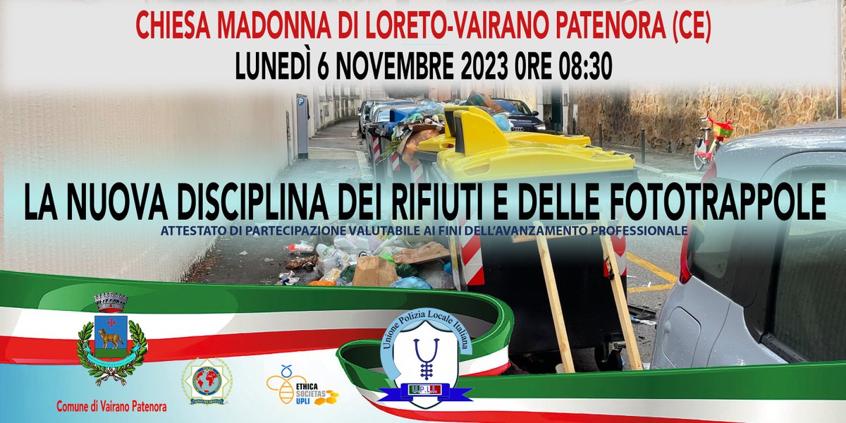 VENERDÌ 6 NOVEMBRE A VAIRANO PATENORA (CE) saremo alla giornata di studio gratuita di <a href="/UPLI_nazionale/">Unione Polizia Locale Italiana ETS</a>, sulla riforma del reato di abbandono dei rifiuti da parte dei privati, con aggravio di lavoro per la #giustizia e la #polizia. Grandi novità su #privacy e #fototrappole.