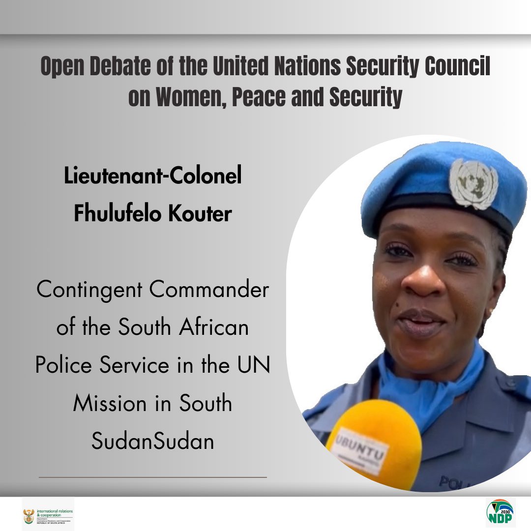 DIRCO_ZA's tweet image. • Major Seitebatso Pearl Block, MONUSCO Information Operations Officer &amp;amp; 2017 United Nations’ Military Gender Advocate of the Year award winner.

• Lieutenant-Colonel Fhulufelo Kouter, Contingent Commander of the @SAPoliceService in the UN Mission in South Sudan.