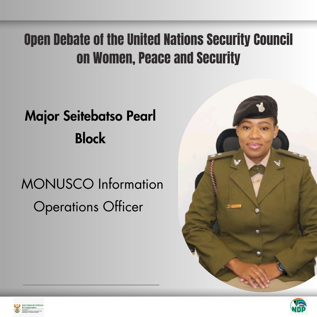 DIRCO_ZA's tweet image. • Major Seitebatso Pearl Block, MONUSCO Information Operations Officer &amp;amp; 2017 United Nations’ Military Gender Advocate of the Year award winner.

• Lieutenant-Colonel Fhulufelo Kouter, Contingent Commander of the @SAPoliceService in the UN Mission in South Sudan.