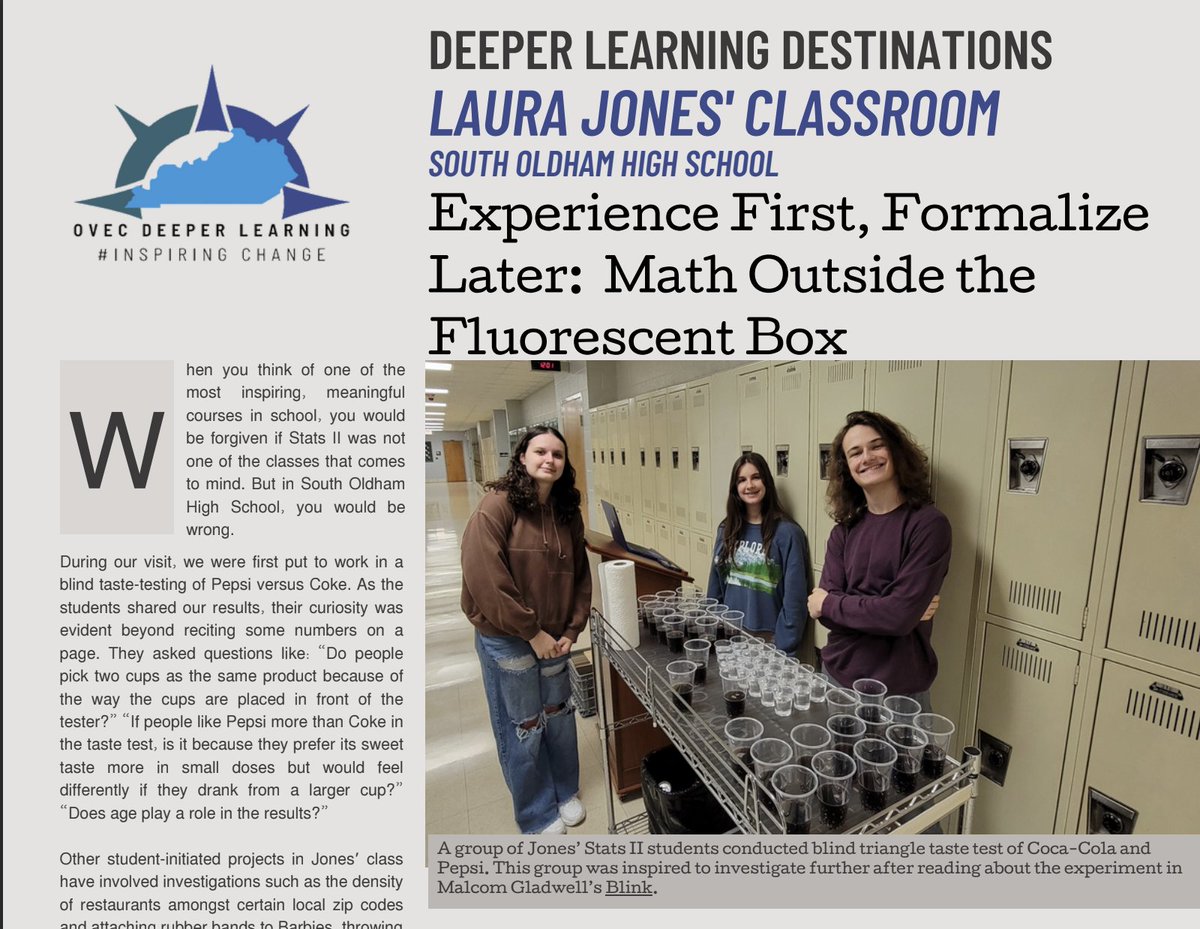 Another <a href="/OVECkyed/">@OVECky</a> DL Destinations article is out!  We visited with math teacher Laura Jones and her students at South Oldham HS <a href="/OldhamCoSchools/">OldhamCo Schools</a> to learn how to "think outside the fluorescent box."  Truly #InspiringChange!

#KYDL #UnitedWeLearnKY

drive.google.com/file/d/1tEnVfJ…