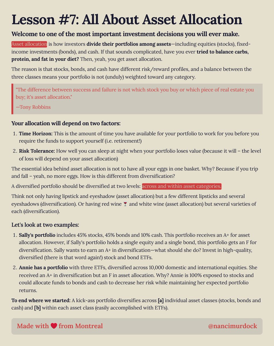 Lesson #7: All About Asset Allocation 

Welcome to one of the most important [investment] decisions you will ever make 👇👇👇

12/30 🚢 #Ship30for30 ✍🏼