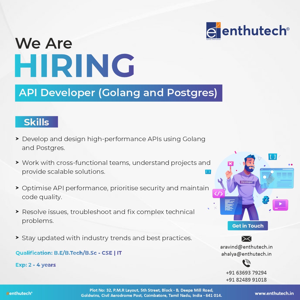 enthutechnology's tweet image. The privilege of building this bridge, creating connections that power the future of digital experiences. Join us, where every line of code shapes tomorrow's possibilities.
#enthutech #APIDeveloper #TechJobs #Innovation