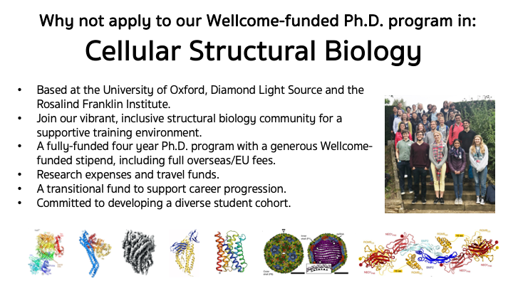 Our Wellcome-funded PhD program in Structural Biology is  accepting applications. Join us. Excellent training and some wonderful research projects in Oxford, Diamond Light Source and the Rosalind Franklin Institute. Come to be part of our vibrant, diverse, supportive program!