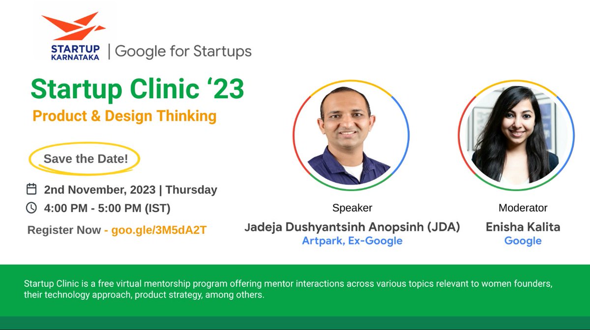 🚀 Session #1 for Startup Karnataka – Google #StartupClinic session for #WomenEntrepreneurs, is on Practicing Human Centred Approach to Product Development: How to test, launch and scale your idea Sign up here by 1st November 2023: goo.gle/3M5dA2T