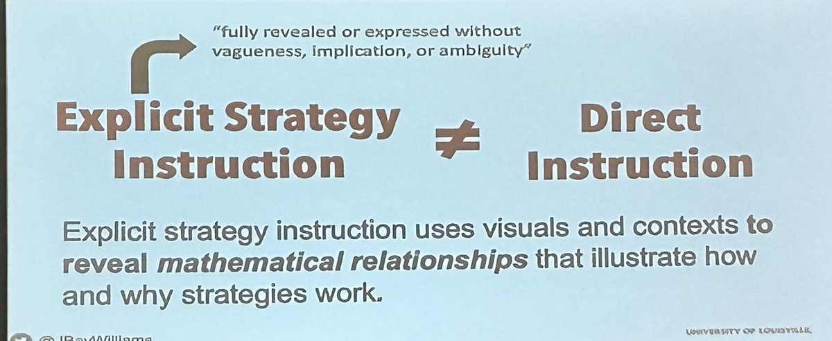 Are your ss struggling w/math facts? @JBayWilliams reveals we need to build on ss strengths. Ss need explicit strategy instruction which is NOT the same as direct instruction & practice should be centered around choosing/using strategies, not drill and kill. #NCTMDC23