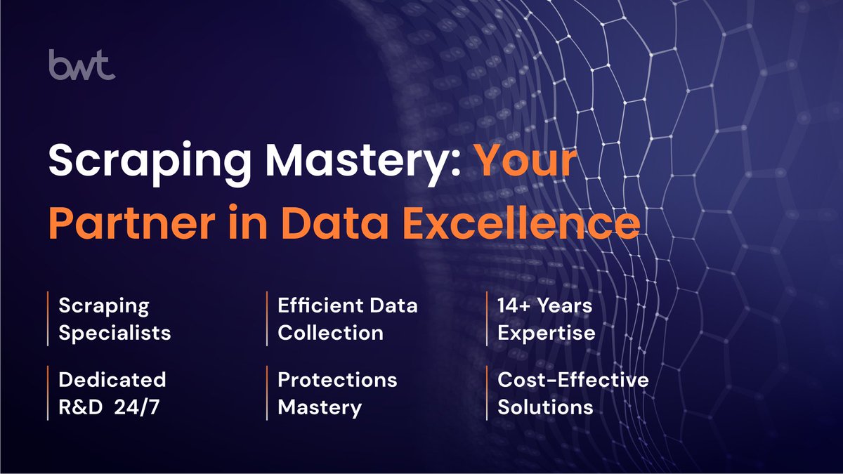 groupBWT's tweet image. In the worlds of #DataInsights, #DataConsultancy, and #Marketing Research, efficient data scraping is a challenge. Why choose us? We&apos;ve got your back for optimizing #datacollection. Contact us for fast data delivery from any size and complexity. #WebScraping #DataSolutions