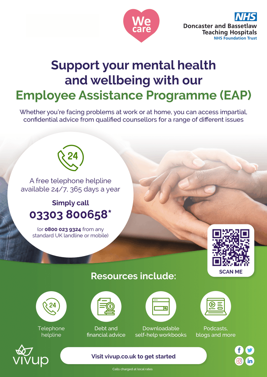 Our counselling service is open to all DBTH colleagues, registering is quick and easy: 🔵Go to @wearevivup and enter your nhs.net email OR 🔴Call 03303 800658 OR 🟢Scan the QR code below Counsellors are on site two days a week to support colleagues