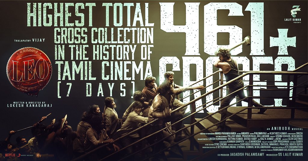 Seven Screen Studio (@7screenstudio) on Twitter photo Pala rajakala pathachu ma 🔥
Nee orasama odidu 🤜🤛
461 CRORES+ - HIGHEST TOTAL GROSS COLLECTION IN THE HISTORY OF TAMIL CINEMA (7 DAYS) 😎
WORLDWIDE BOX OFFICE RAMPAGE 🫡
#LeoIndustryHit
#Thalapathy <a href="/actorvijay/">Vijay</a> sir <a href="/Dir_Lokesh/">Lokesh Kanagaraj</a> <a href="/trishtrashers/">Trish</a> <a href="/anirudhofficial/">Anirudh Ravichander</a> <a href="/duttsanjay/">Sanjay Dutt</a> Pala rajakala pathachu ma 🔥
Nee orasama odidu 🤜🤛
461 CRORES+ - HIGHEST TOTAL GROSS COLLECTION IN THE HISTORY OF TAMIL CINEMA (7 DAYS) 😎
WORLDWIDE BOX OFFICE RAMPAGE 🫡
#LeoIndustryHit
#Thalapathy <a href="/actorvijay/">Vijay</a> sir <a href="/Dir_Lokesh/">Lokesh Kanagaraj</a> <a href="/trishtrashers/">Trish</a> <a href="/anirudhofficial/">Anirudh Ravichander</a> <a href="/duttsanjay/">Sanjay Dutt</a>