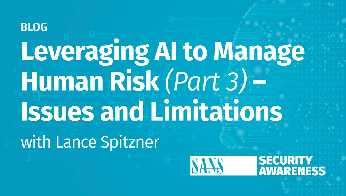 SANS Security Awareness (@sansawareness) on Twitter photo ๐งโ๐ป In part 3 of <a href="/lspitzner/">Lance Spitzner</a>โs latest blog on #AI and human risk, learn to use AI safely by understanding its limitations, like issues concerning accuracy, bias, security, and more!
๐ Read the blog: sans.org/u/1tpK ๐งโ๐ป In part 3 of <a href="/lspitzner/">Lance Spitzner</a>โs latest blog on #AI and human risk, learn to use AI safely by understanding its limitations, like issues concerning accuracy, bias, security, and more!
๐ Read the blog: sans.org/u/1tpK