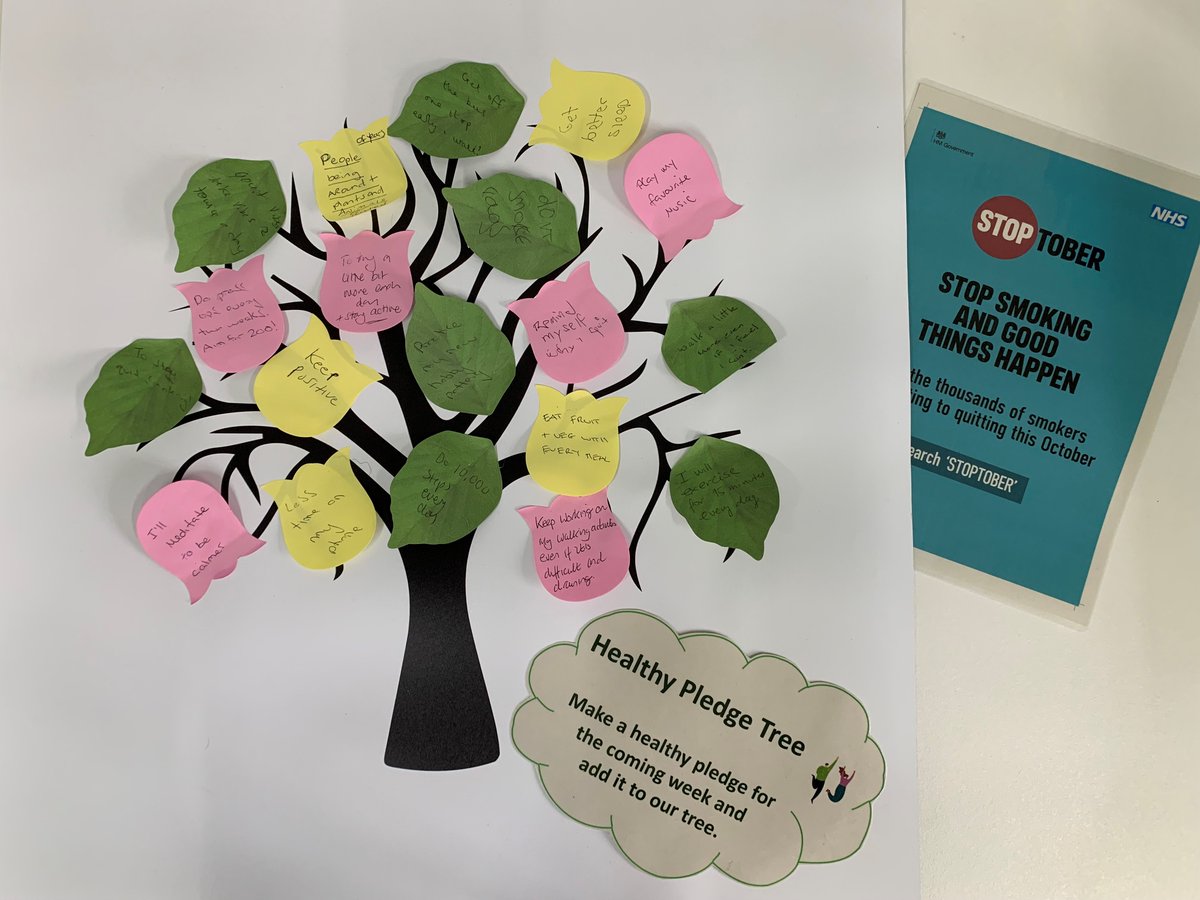 Patients and staff across PMOA wards came together to create a Healthy Pledge Tree🌳. Stopping smoking can be a motivator to embed other healthy habits! As a team, we aim to promote all types of physical health, starting with a #SmokeFree lifestyle this #Stoptober -SmokeFree team