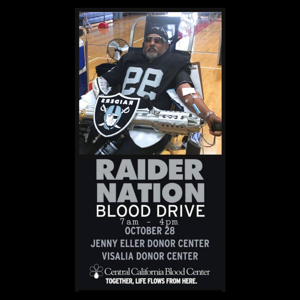 RaiderCannon's tweet photo. #RaiderNation Blood Drive
October 28th
from 7am - 4pm
at the @CenCABlood Jenny Eller Donor Center in Fresno and the Visalia Donor center.
#justgivebaby #knightsoftheshield #raidersforlife #bloodsaveslives #blooddrive @EZepeda61 #kos559 https://t.co/JpxXLoPCJn