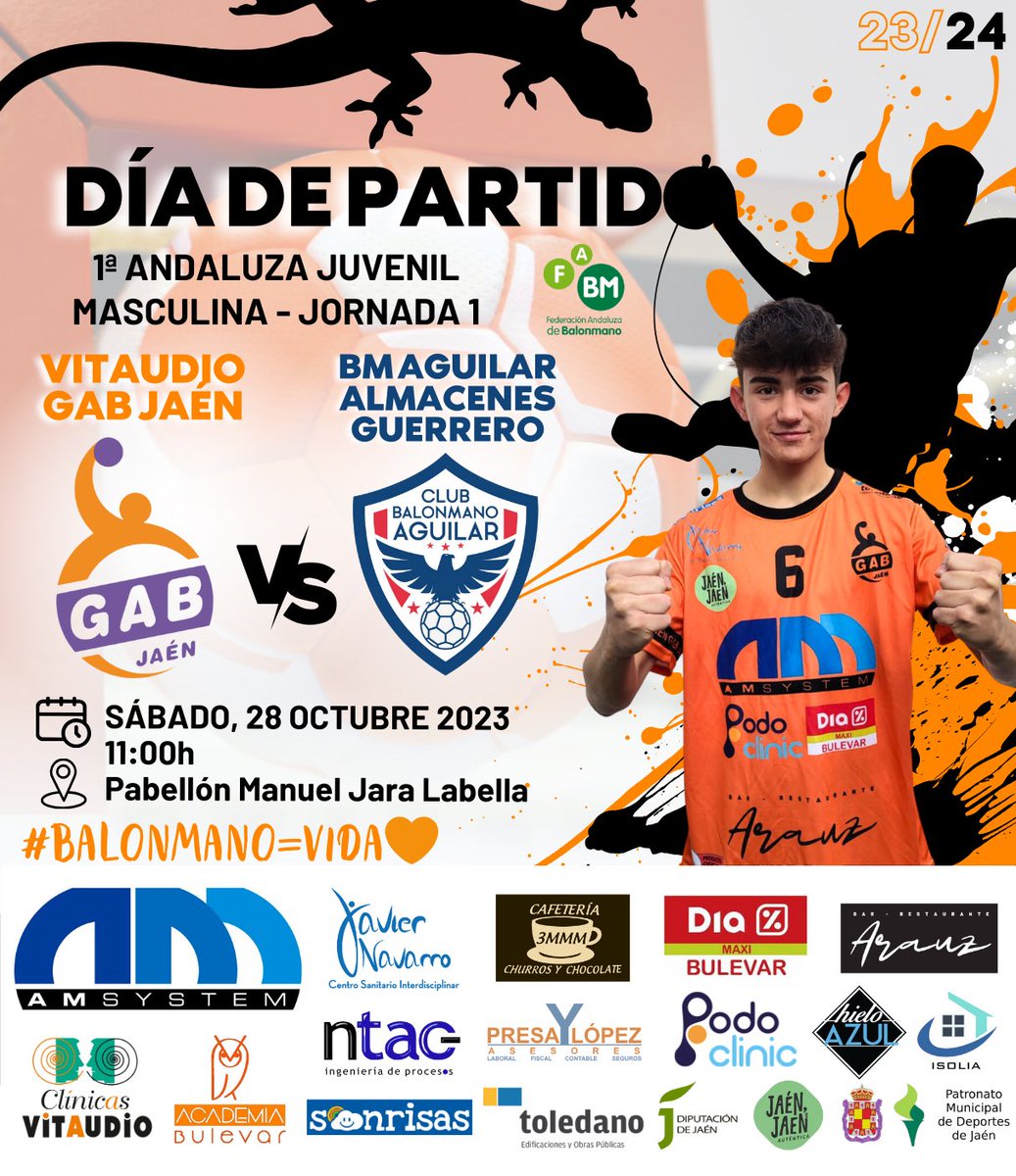 🟧 Este fin de semana, vive la primera jornada de la liga juvenil andaluza en Jaén. Apoya a nuestros chicos <a href="/vitaudio1/">vitaudio</a> GAB Jaén 🤾🏻‍♂️

🏆 Jornada 1
📆 28 de octubre de 2023
⌚️ 11.00h 
🏟 Pabellón Manuel Jara Labella

#todoalnaranja🧡 
#BALONMANO=VIDA