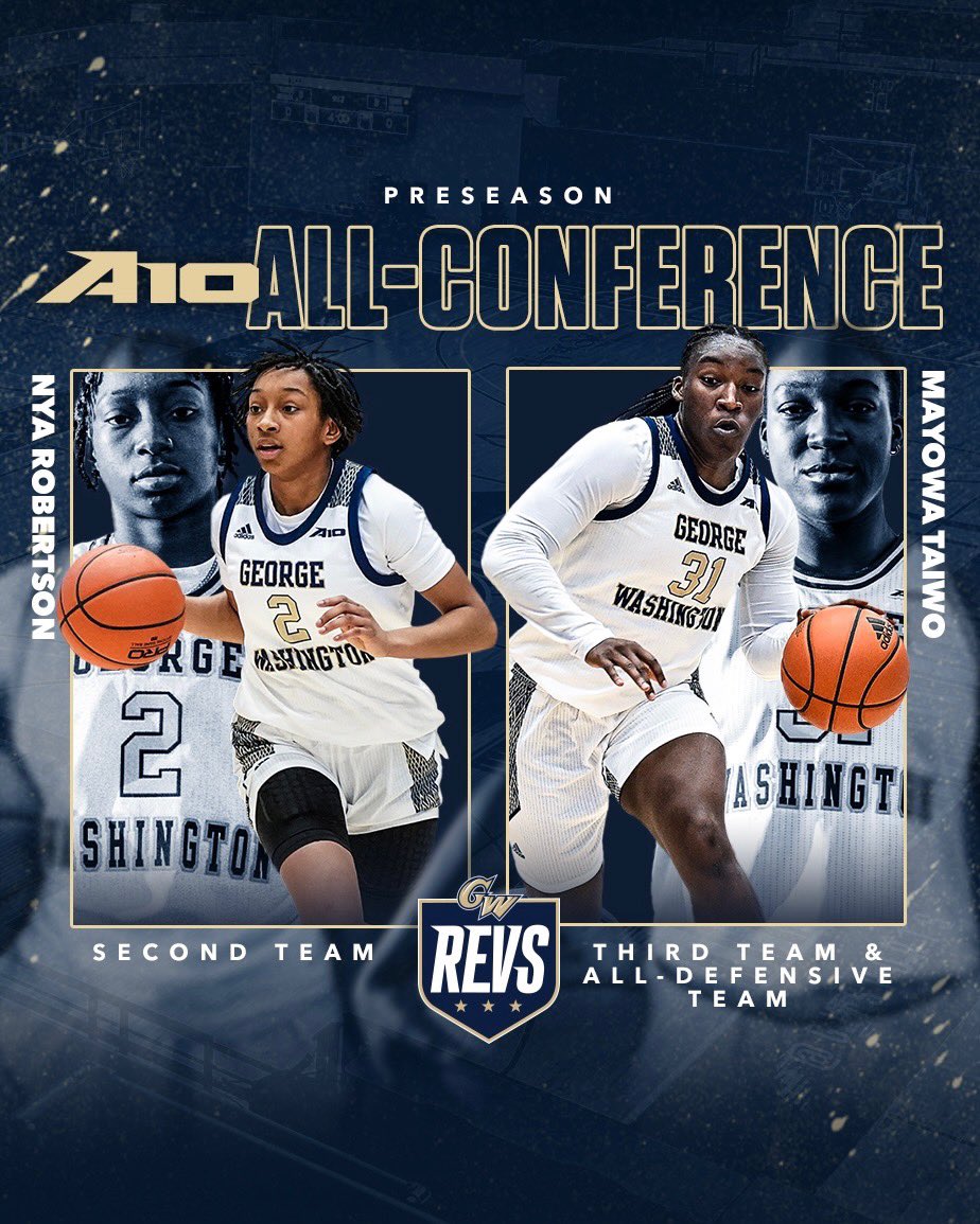 So. Nya Robertson (Second Team) and Gr. Mayowa Taiwo (Third Team &amp; All-Defensive Team) have earned A-10 Preseason awards! Read more about their accolades using the link below! #RaiseHigh 

📰: gwsports.com/news/2023/10/2…