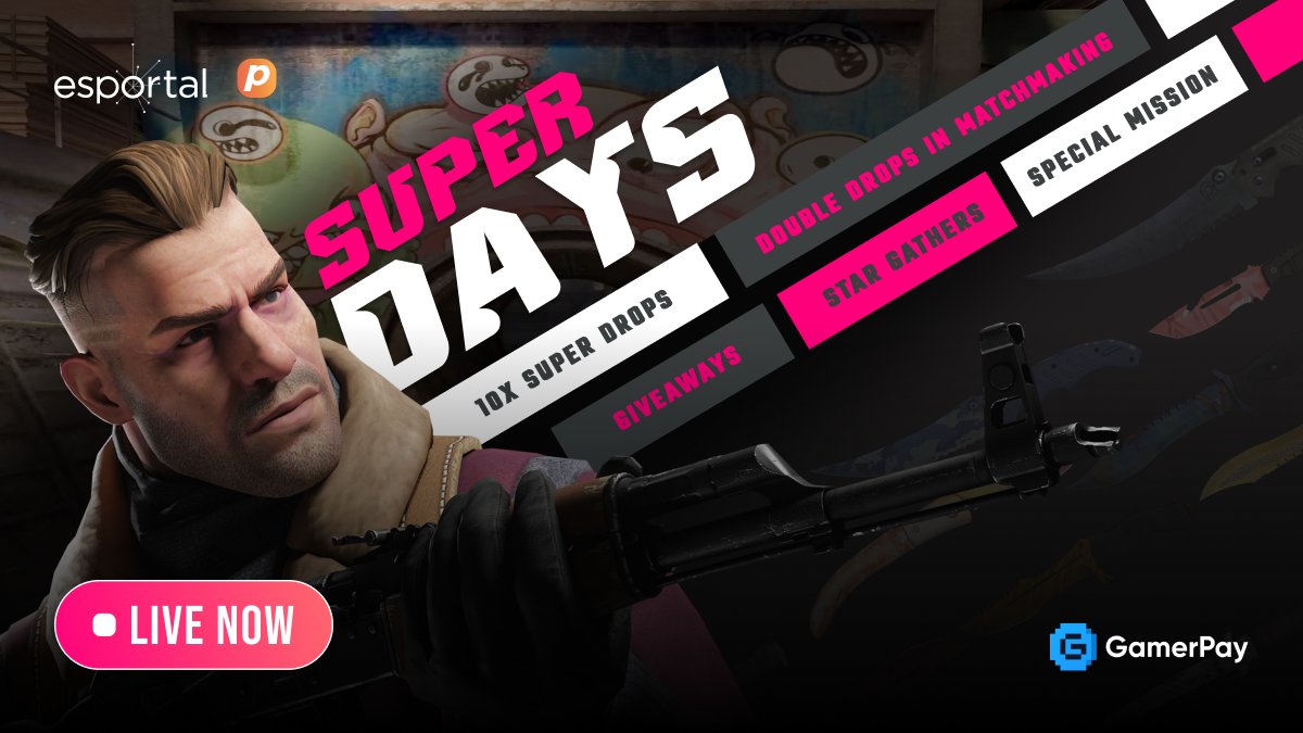 🔥SUPER DAYS IS LIVE🔥

🗓️26/10, 15:00 - 29/10, 23:59
🌟 10x Super Drops
📈2x Drops in matchmaking
⭐️Loads of Star Gathers
💥Special Mission
🎁Giveaways

👉Play now on Esportal.com