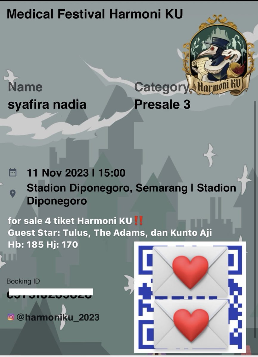 for sale tiket konser murah Tulus dkk (Medical Festival Harmoni KU) untuk 4 tiket 
Harga Jual:170k 
Tanggal: 11 November 2023
Tempat: Stadion Diponegoro Semarang
