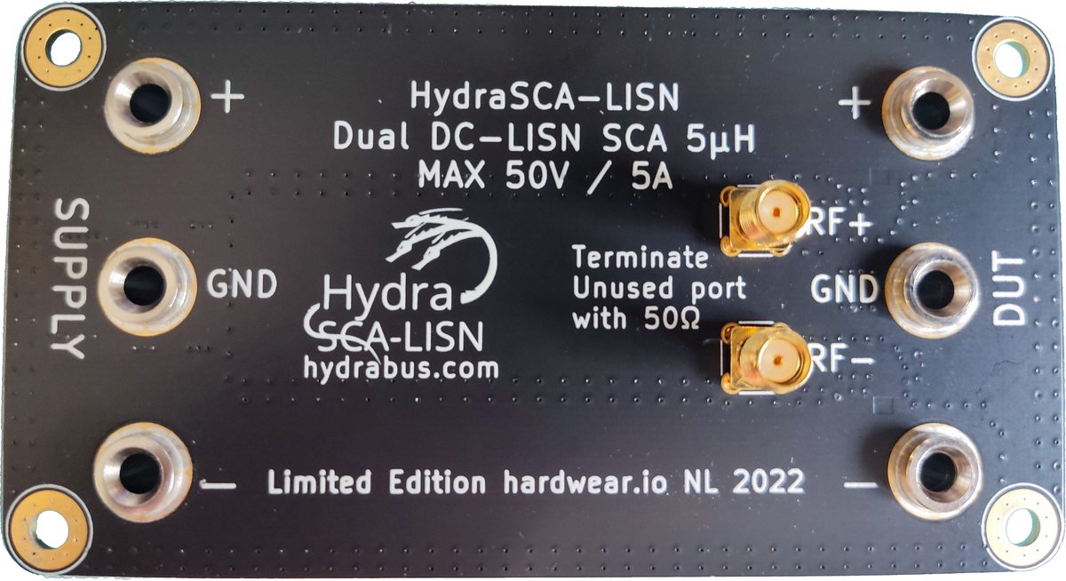 HydraSCA-LISN is a new product designed for new side channel acquisition technique HydraSCA-LISN V1 R1 Dual DC-LISN SCA 5µH (Limited Edition hardwear.io NL 2022)+Black Aluminum Case Available for purchase with very limited stock hydrabus.com/shop