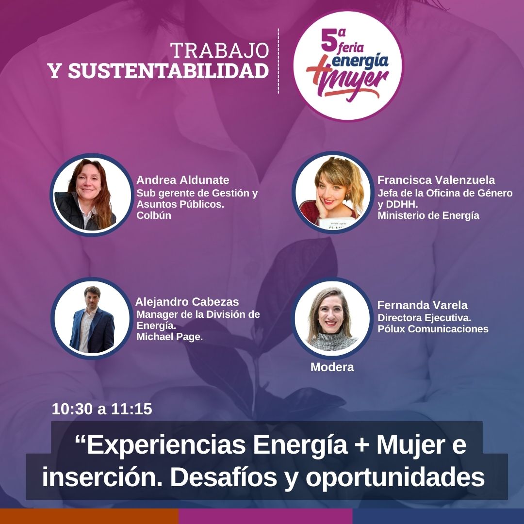 Participa de nuestro 1er panel de conversación: “Experiencias Energía + Mujer e Inserción. Desafíos y oportunidades”. Esto y más el próximo 2 de Nov a partir de las 8:30 am en la Plaza Juan de Dios Vial, Centro de Extensión UC. Alameda 390. 
Inscripciones bit.ly/45CJgUo