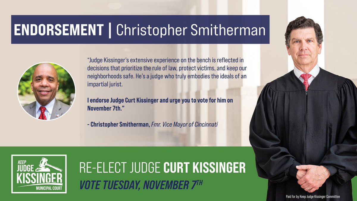curtkissinger's tweet photo. I’m extremely appreciative and honored to receive the endorsement of former City of Cincinnati Vice-Mayor Christoper Smitherman @voteSmitherman. And thank you for everything you do for our community. 
#keepjudgekissinger https://t.co/z83it45Lui
