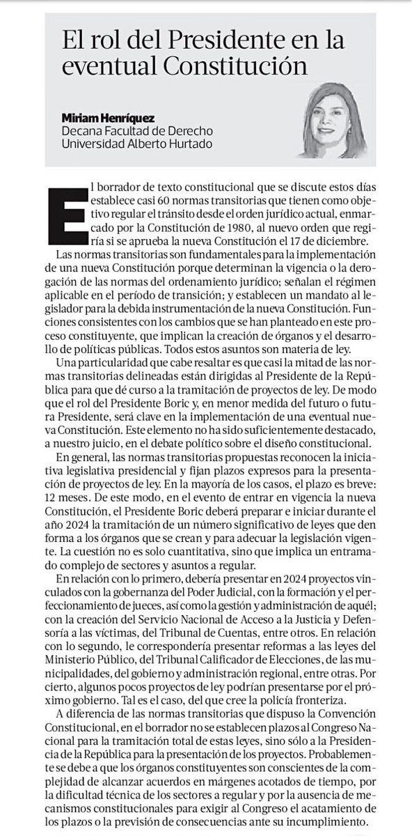 ¿Cuál debe ser el rol de un Presidente de la República en la eventual Constitución? La decana de @derechouah, Miriam Henríquez, publicó esta columna de opinión en @latercera, en donde asegura que este “será clave en la implementación”. latercera.com/opinion/notici…