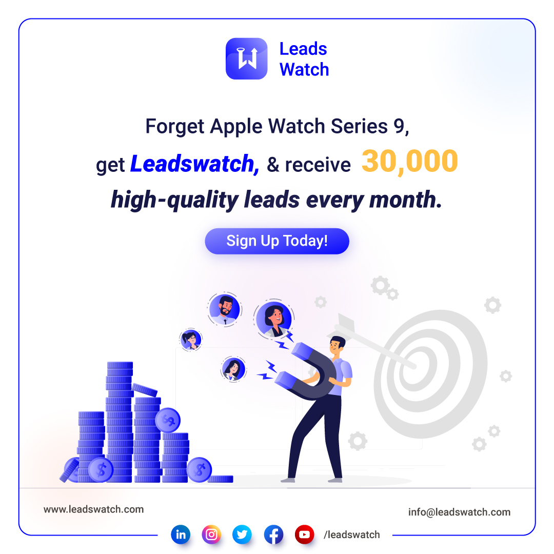 Don't buy the latest Apple watch series 9. Instead, get yourself a Leadswatch subscription that gives you 30,000 high-quality leads and automates 90% of your daily business tasks. leadswatch.com