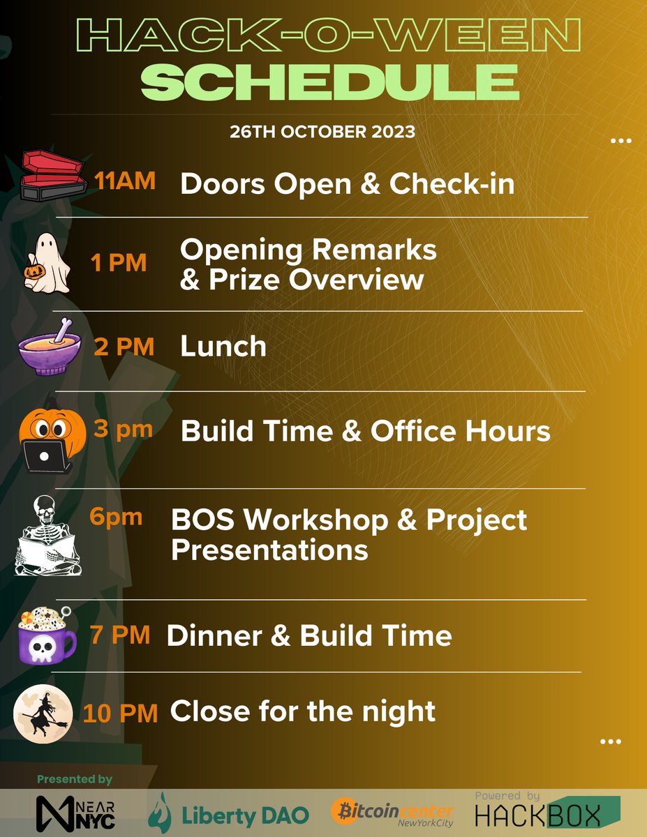 NEAR__NYC's tweet photo. The first day of #Hackoween has finally come! Here's what we have in store day. See you all soon! https://t.co/D456qdEPmE https://t.co/0dz5UJRRba