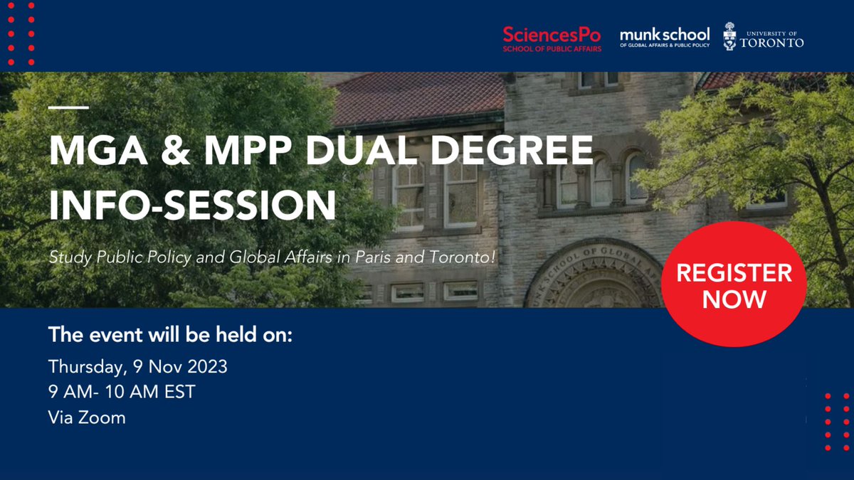 Interested in studying for a double Master's degree in Paris 🇫🇷 and Toronto 🇨🇦? The dual degree between @EAPScPo and @munkschool may be just what you're looking for! Register for the information session on 9 November. More info and registration ➡️bit.ly/45H0EHH