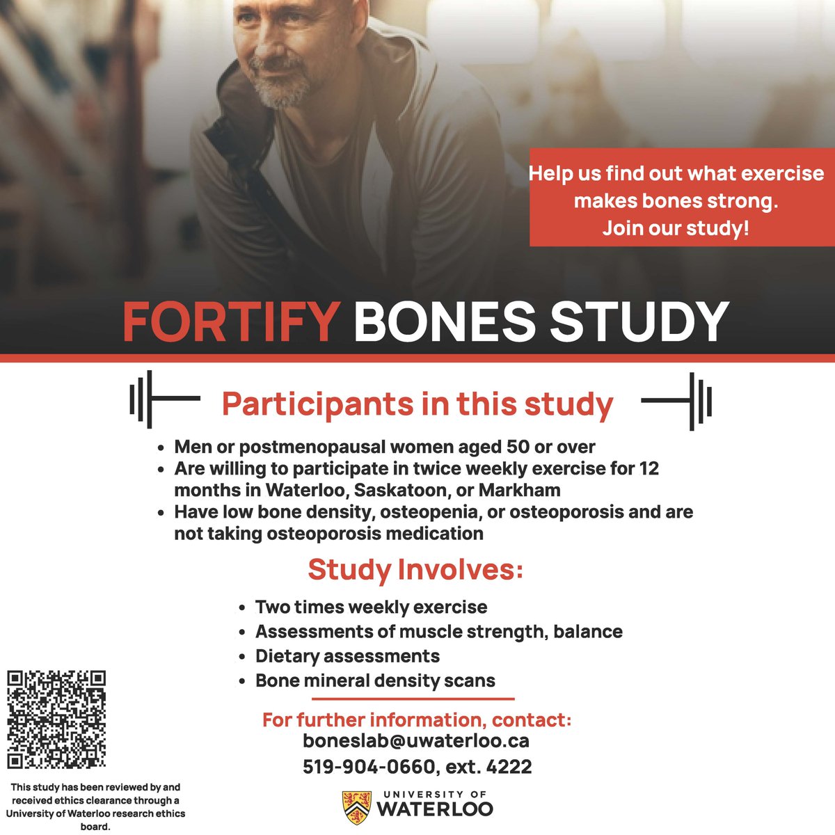 Lora Giangregorio, PhD 🇨🇦 (@l_giangregorio) on Twitter photo What exercises make bones stronger? Are you male or postmenopausal female aged 50+ years w low bone mass, osteopenia, or osteoporosis, near Markham, Waterloo, or Saskatoon? You may be eligible for the FORTIFY Bones study. Contact boneslab@uwaterloo.ca for more info! Please share! What exercises make bones stronger? Are you male or postmenopausal female aged 50+ years w low bone mass, osteopenia, or osteoporosis, near Markham, Waterloo, or Saskatoon? You may be eligible for the FORTIFY Bones study. Contact boneslab@uwaterloo.ca for more info! Please share!