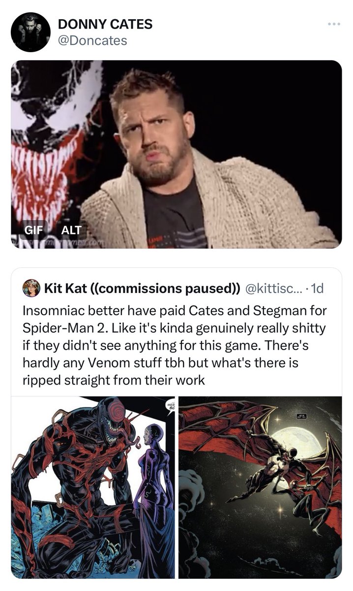 DiscussingFilm's tweet photo. Donny Cates hints that he did not get paid for his ideas from the comics that were implemented in ‘SPIDER-MAN 2’.

He is also not given any mention in the game’s credits. https://t.co/Q7kQK8AXt9