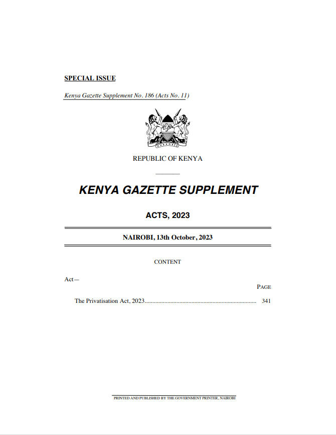 Do you have a copy of the Privatisation Act, 2023?

Follow the link to download the new law.

bitly.ws/YAR5

<a href="/citizentvkenya/">Citizen TV Kenya</a> <a href="/ntvkenya/">NTV Kenya</a> <a href="/StandardKenya/">The Standard Digital</a> <a href="/TheStarKenya/">TheStarKenya</a> <a href="/BD_Africa/">BusinessDaily</a> <a href="/dailynation_KE/">Daily Nation Kenya📰</a> <a href="/KTNNewsKE/">KTN News</a> <a href="/ktnhome_/">KTN ENTERTAINMENT</a>