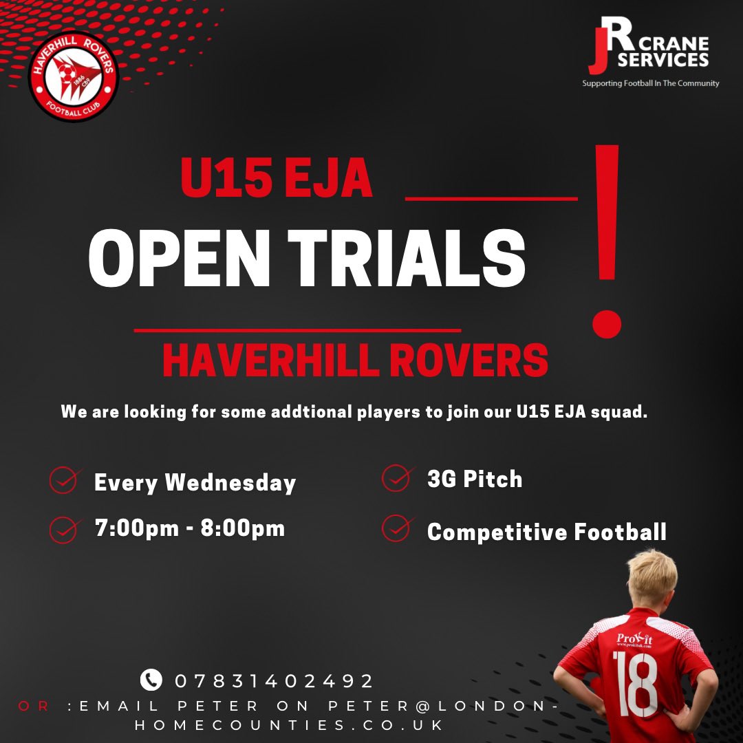 Haverhill Rovers (@haverhillrovers) on Twitter photo ⚽| HAVERHILL ROVERS U15 EJA TEAM
Our U15 EJA Team are holding open trials every Wednesday, 7-8 pm on the 3G.
For more info, please email Peter on: peter@london-homecounties.co.uk ⚽| HAVERHILL ROVERS U15 EJA TEAM
Our U15 EJA Team are holding open trials every Wednesday, 7-8 pm on the 3G.
For more info, please email Peter on: peter@london-homecounties.co.uk