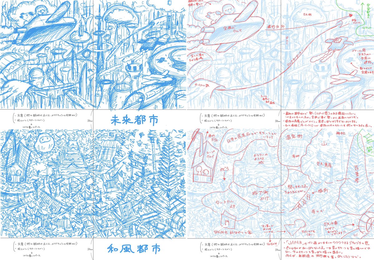 後から自分が見返したときに分かりやすくしておきたいので、ラフアイデアとは言っても雑にまとめないように心がけています〜  1. まずは思いついたことを箇条書きで。 2. アイデアを形にしていく。 3. 実際に絵本にしたときの絵の構図やページの構成を考える。  ラフをしっかり固めると後が楽です...!