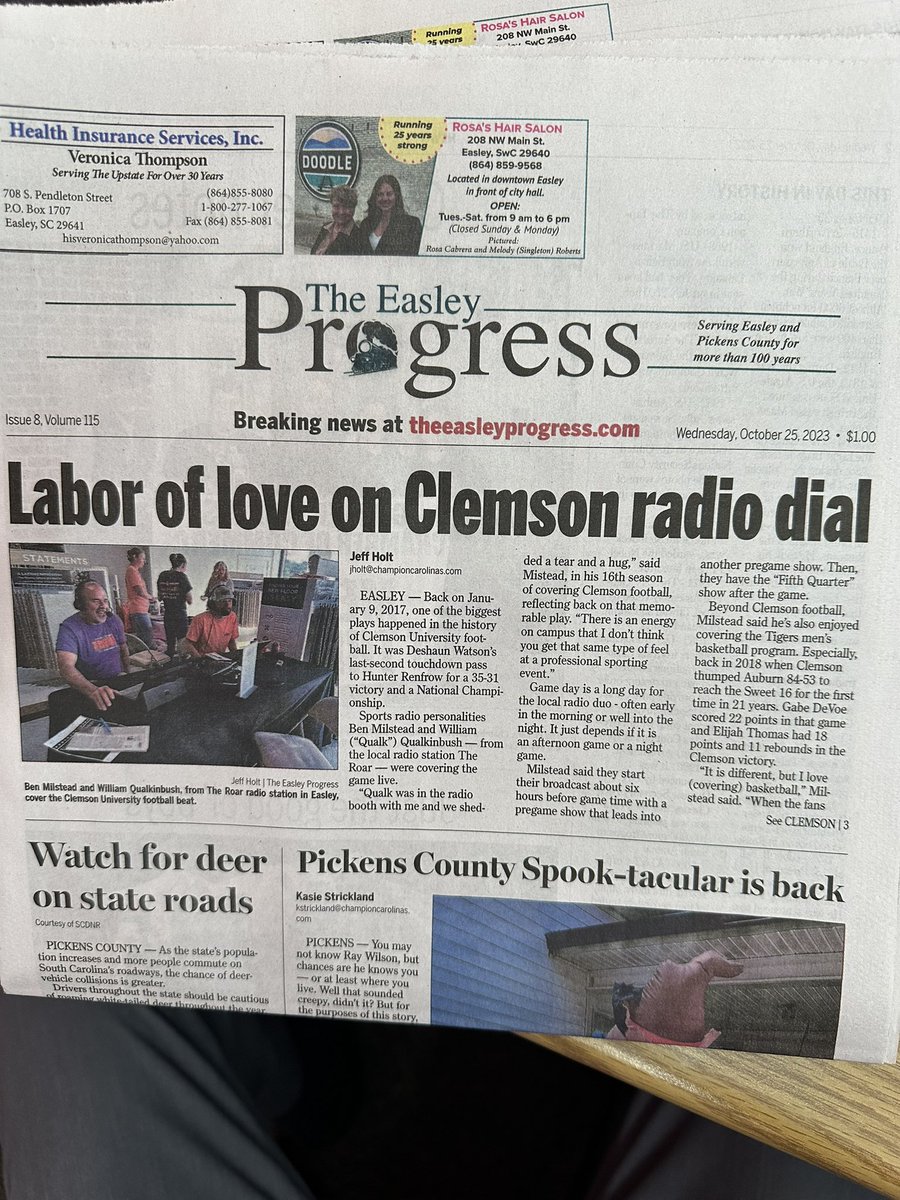 Don’t forget to grab a copy of this week’s edition of The Easley Progress newspaper and see the local radio station who cover the Clemson football beat.