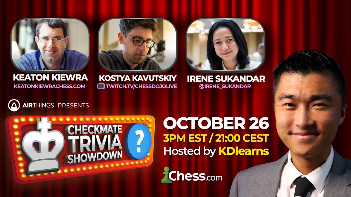 Checkmate Trivia Showdown is TODAY! Who will win? @hellokostya @irene_sukandar or Keaton Kiewra? All 3 contestants are IMs 🤯