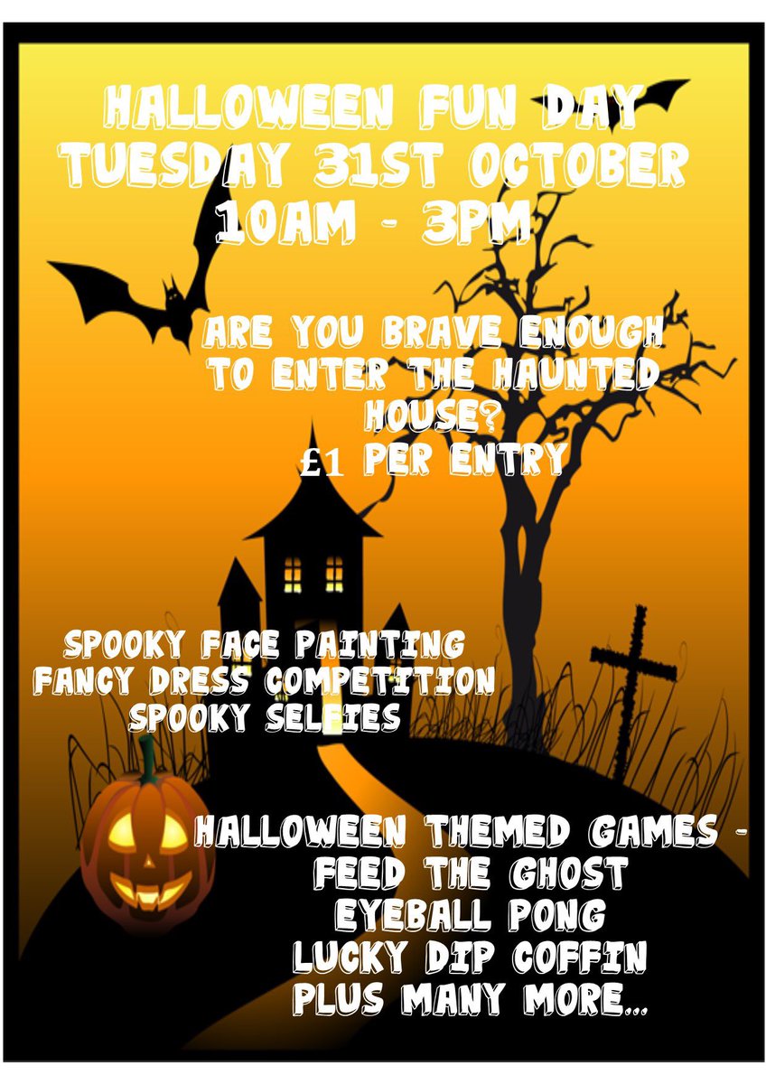 Less than a week to go until our Halloween Fun day! Lots of games and prizes to be won! Who is brave enough to enter our haunted house! Our fancy dress competition will be drawn at 2pm so dress to impress 🦇👻💀We have the fabulous Glitterbug Face Painting &amp; Tattoos joining us