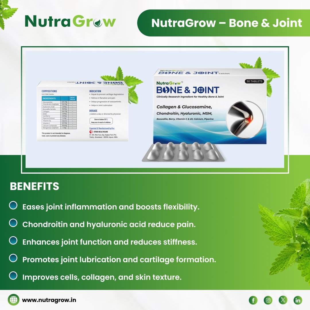 Experience the Benefits of NutraGrow Bone & Joint Formula! 🌿
.
#NutraGrow #syrenhealthcare #BoneHealth #JointFlexibility #NaturalSupplements #HealthJourney #WellnessMatters #HealthyJoints #ActiveLifestyle #NaturalRelief #JointHealthMatters #SupplementYourHealth #StrongBones