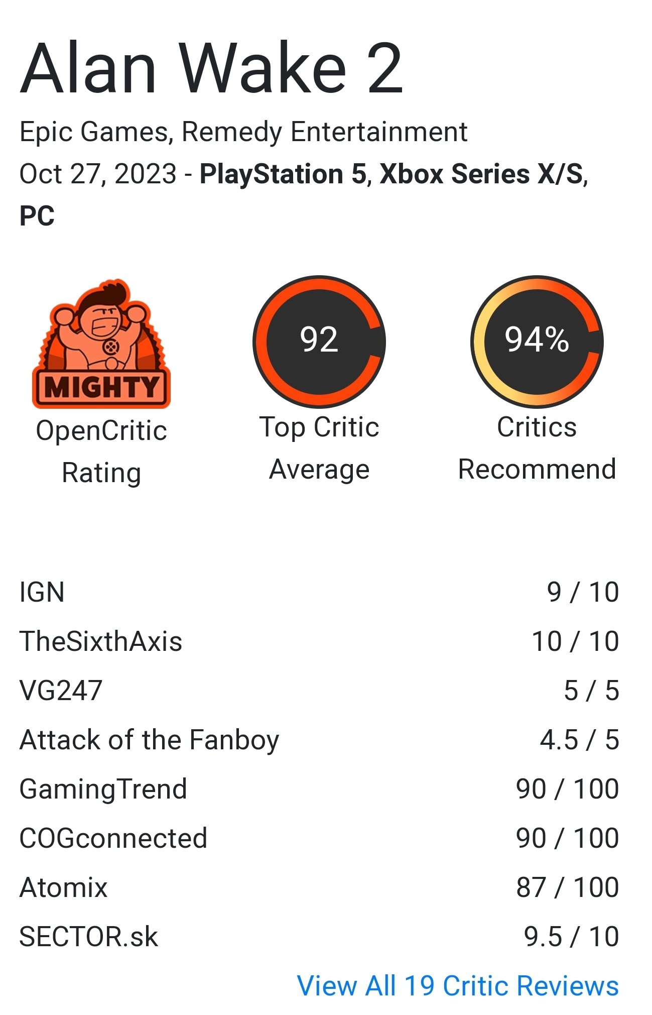 Will Alan Wake 2 get a metacritic score above 80 by October 30th?