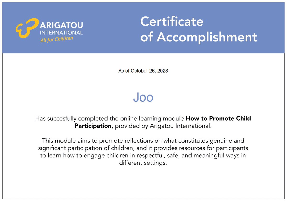 Jo Ananias (@jo_ananias) on Twitter photo Acabo de terminar el curso sobre Participación Infantil de <a href="/ArigatouGeneva/">Arigatou International Geneva</a> lo recomiendo a todos y todas quienes quieran conocer sobre algunas teorías y experiencias para el trabajo con niños y niñas.
Por ahora, solo disponible en inglés Acabo de terminar el curso sobre Participación Infantil de <a href="/ArigatouGeneva/">Arigatou International Geneva</a> lo recomiendo a todos y todas quienes quieran conocer sobre algunas teorías y experiencias para el trabajo con niños y niñas.
Por ahora, solo disponible en inglés