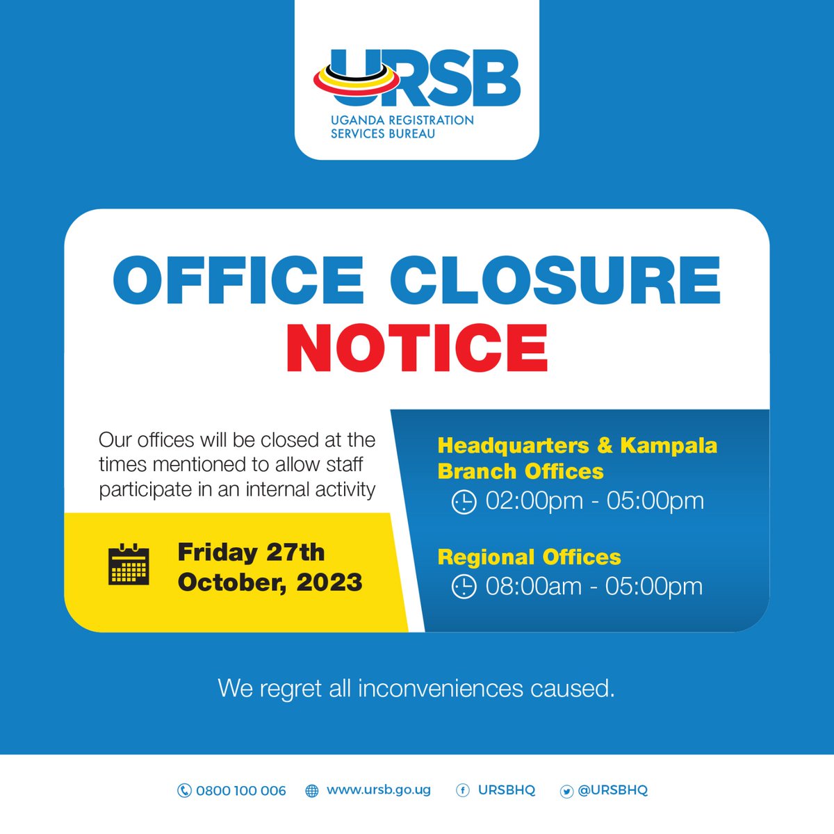 URSBHQ's tweet photo. 📢 𝗠𝗔𝗝𝗢𝗥 𝗔𝗡𝗡𝗢𝗨𝗡𝗖𝗘𝗠𝗘𝗡𝗧: Please be advised that our offices will be closed tomorrow, from 8:00 AM to 5:00 PM.

We sincerely regret any inconvenience this may cause. https://t.co/SzZJL0ZbHN