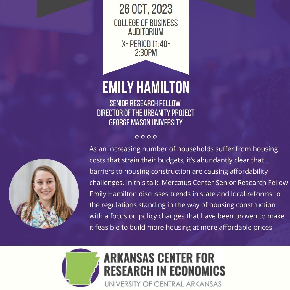 Why has housing become so expensive lately? Today, Emily Hamilton <a href="/ebwhamilton/">Emily Hamilton</a> from the @Mercatus Center's Urbanity Project will talk to <a href="/UCABusiness/">UCA College of Business</a> students about the barriers to building new housing

The talk is open to the public! 1:40pm in the College of Business Auditorium