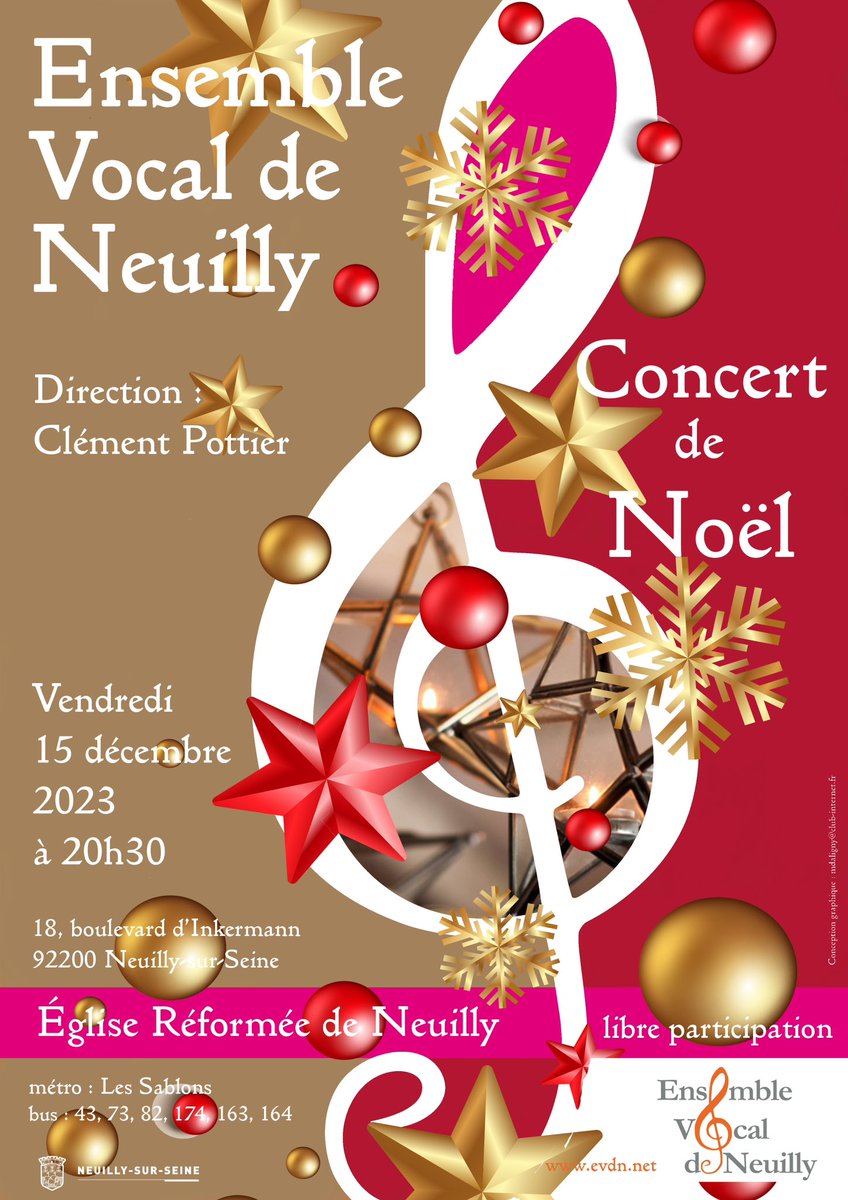 Save the date !
Concert de Noël de l’EVN le 15 décembre, 20h30, à l’Eglise Réformée de Neuilly, sous la direction de son nouveau chef Clément Pottier. #concertdenoel #neuillysurseine #concert #savethedate #musique #chantchoral #chant